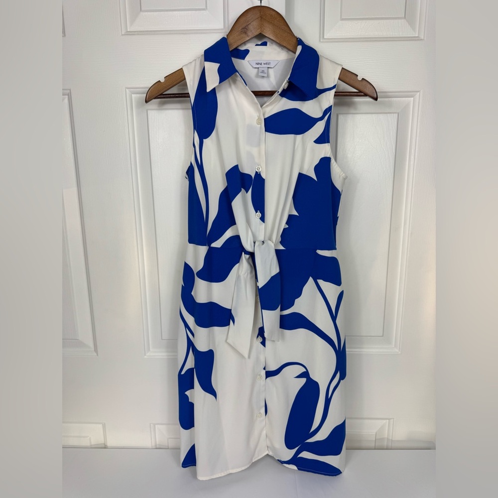 NINE WEST BRAND BLUE‎ & WHITE XS COLLARED DRESS Front Tie Sleeveless